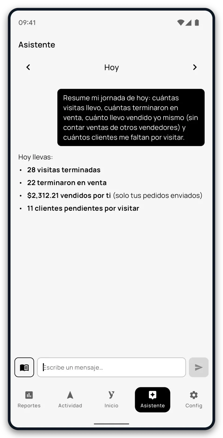 El asistente móvil de A Bordo resumiendo al vendedor su jornada: visitas, ventas propias y clientes pendientes.