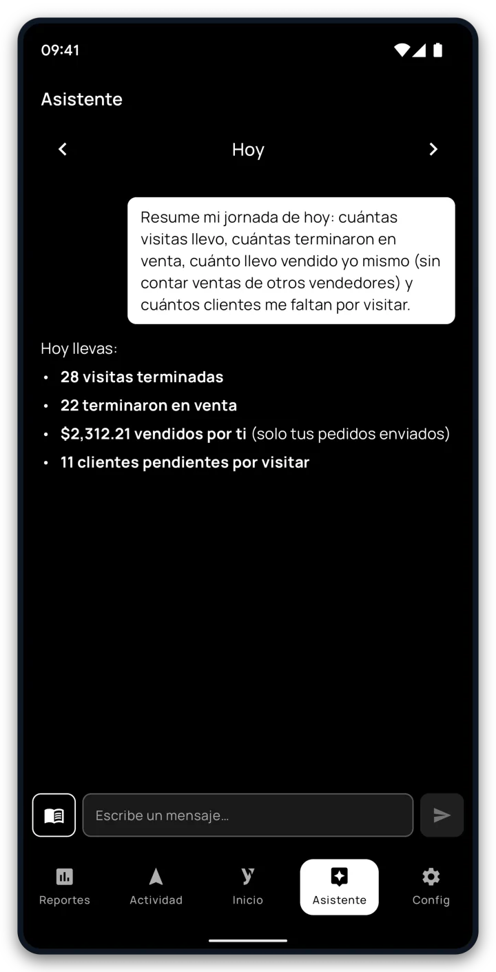 El asistente móvil de A Bordo resumiendo al vendedor su jornada: visitas, ventas propias y clientes pendientes.