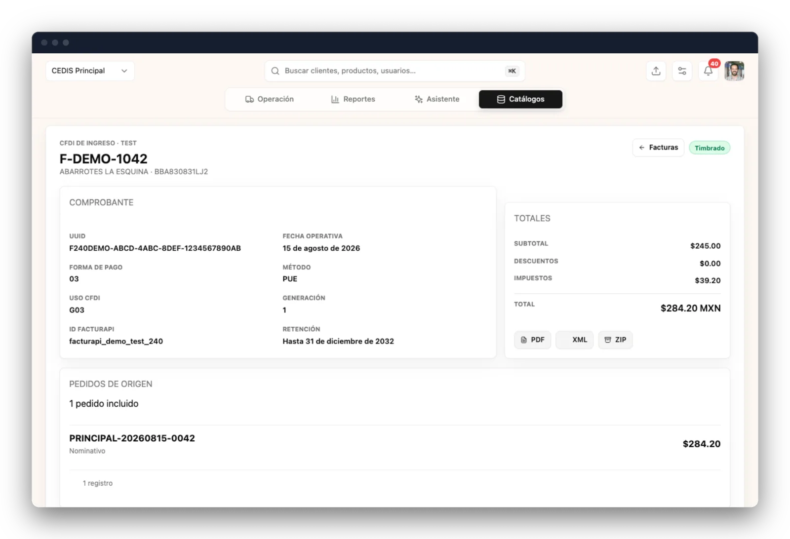 Detalle de una factura CFDI emitida en A Bordo: UUID, fecha operativa, forma de pago, total en pesos y descargas disponibles en PDF, XML y ZIP.