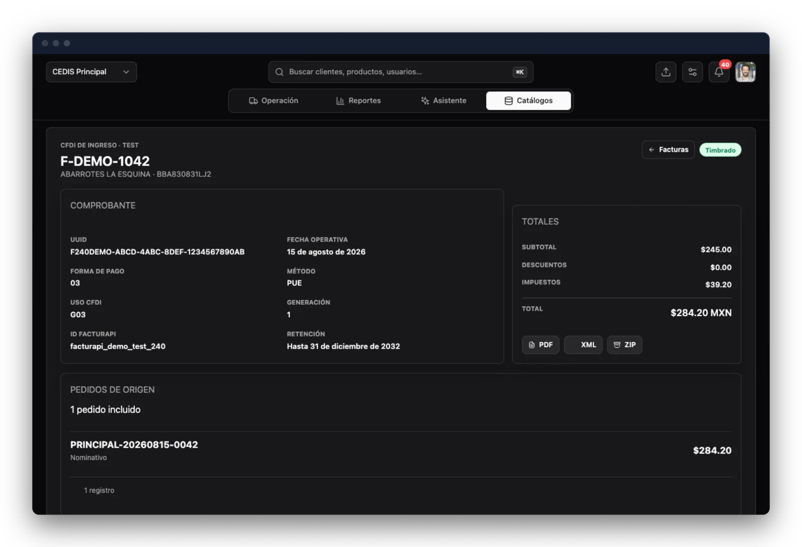 Detalle de una factura CFDI emitida en A Bordo: UUID, fecha operativa, forma de pago, total en pesos y descargas disponibles en PDF, XML y ZIP.