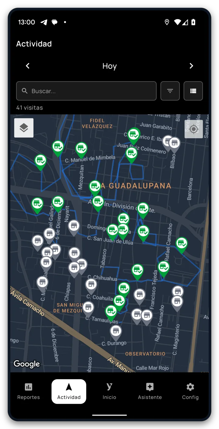 El mapa de actividad en la app Android de A Bordo, con las visitas del día y el recorrido realizado por el vendedor.