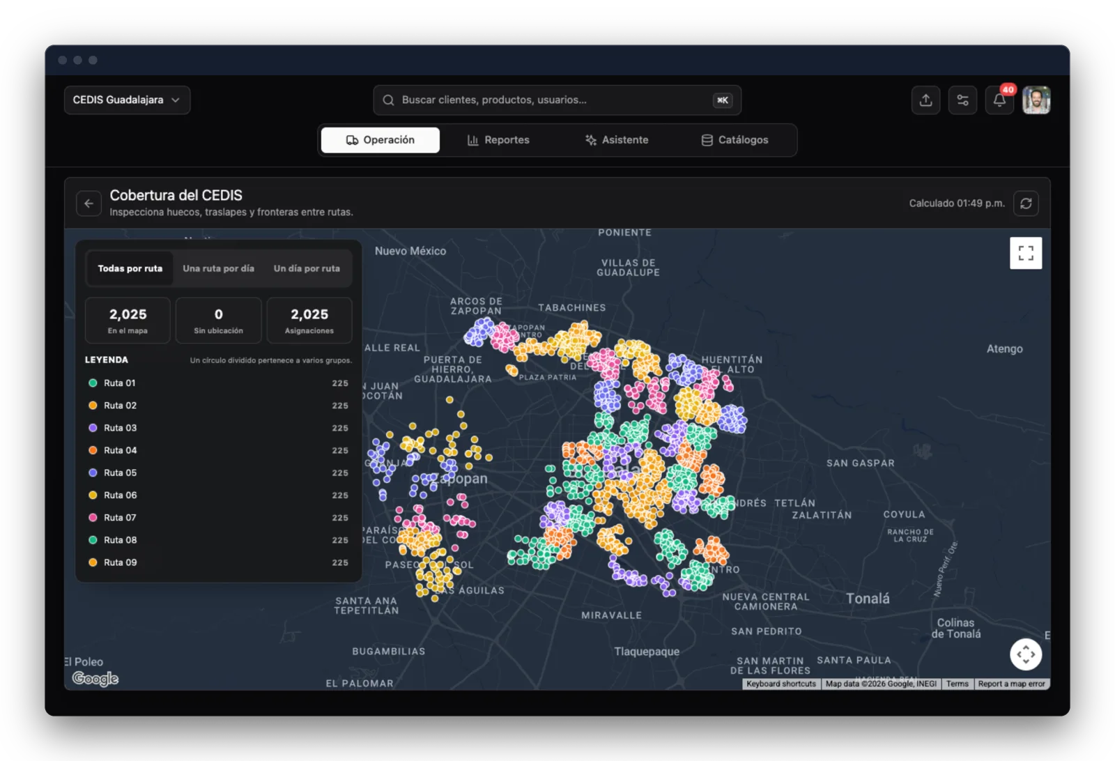 Mapa de cobertura de A Bordo con 2,025 asignaciones de clientes distribuidas por color entre nueve rutas del CEDIS Guadalajara.