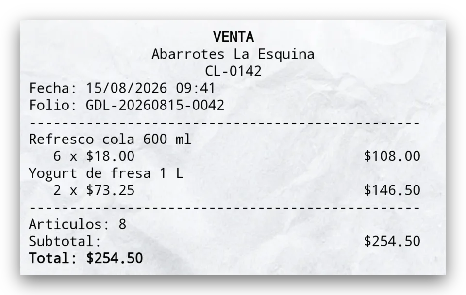 Ticket térmico generado por la app Android de A Bordo para una venta confirmada: cliente, folio, fecha, dos productos, cantidades, importes y total de 254 pesos con 50 centavos.